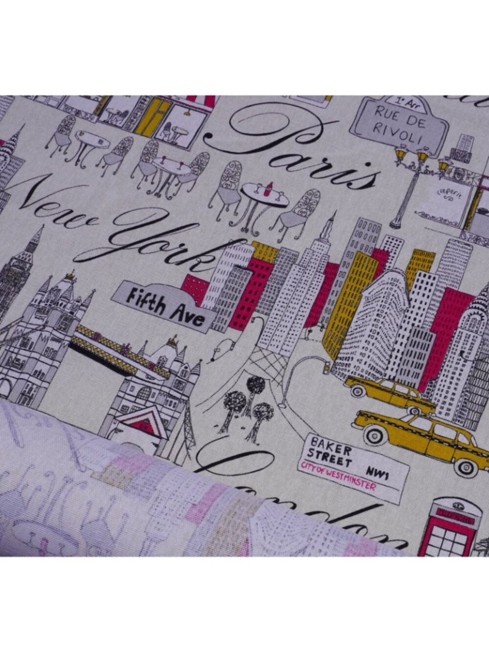 Kauffman Fabric Paris New York London 44” BTY Cityscape Cafe Taxi Travel - Picture 4 of 6